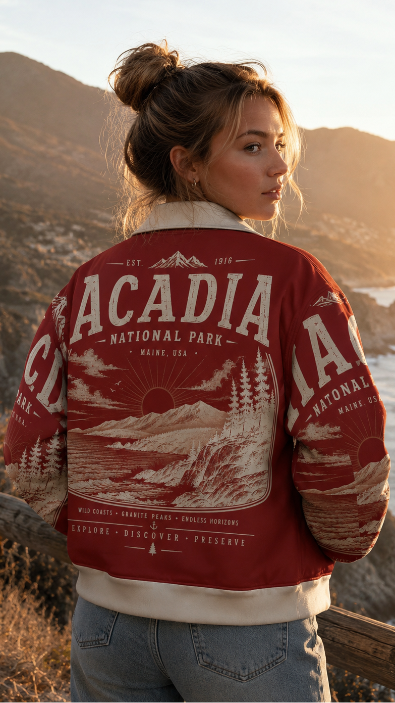 Person wearing a red 'Acadia National Park' jacket with scenic design, standing by a coastal landscape.