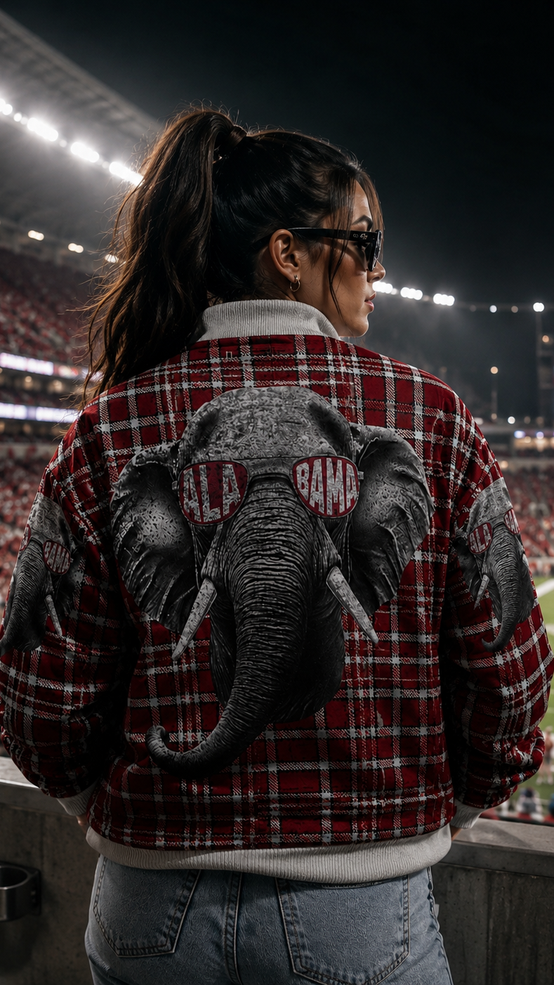Person wearing a plaid jacket with elephant design at a sports stadium