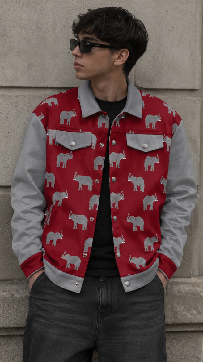 Person wearing a red and gray jacket with elephant pattern against a stone wall.