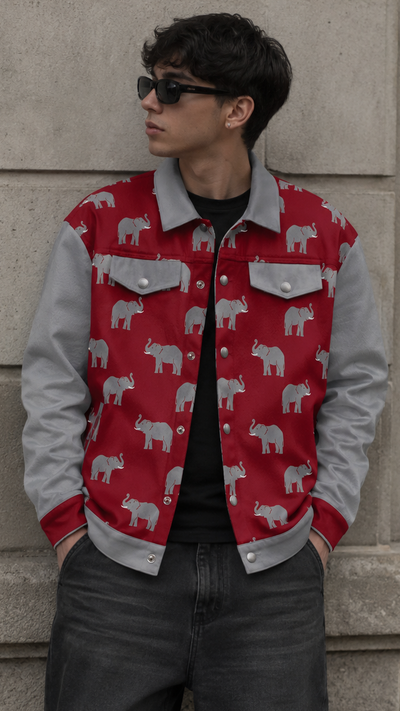 Person wearing a red and gray jacket with elephant pattern against a stone wall.