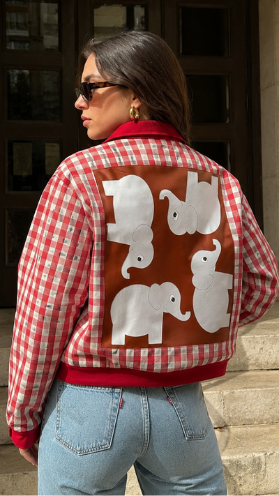 Person wearing a red and white checkered jacket with elephant patterns, standing on steps.