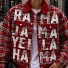 Person wearing a red plaid jacket with text, standing on a city street.
