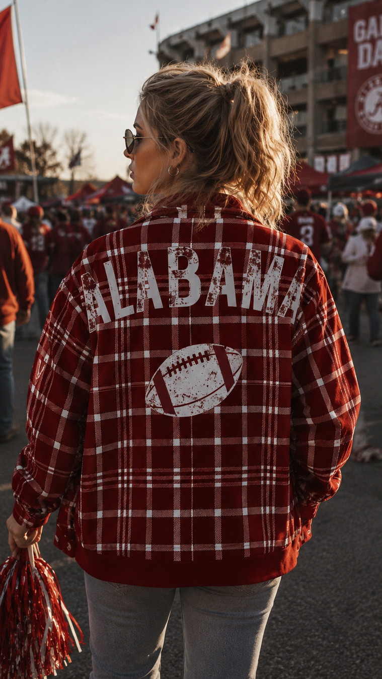 Person wearing an Alabama plaid jacket at a football game, with 'Game Day' banners in the background.