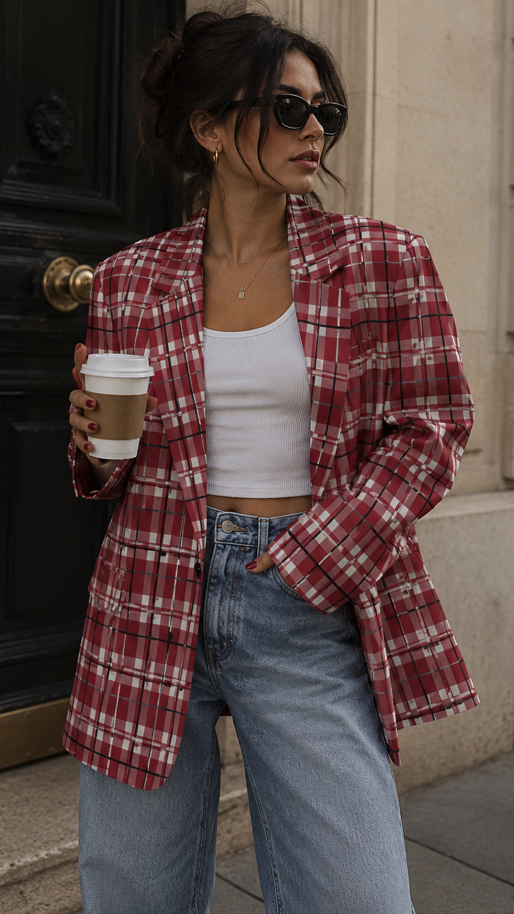 Woman wearing a red plaid shirt, white top, and blue jeans, holding a coffee cup, standing in front of a building.