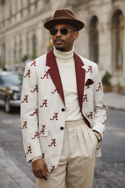 Man wearing a patterned blazer with letter 'A's, sunglasses, and hat on a city street.