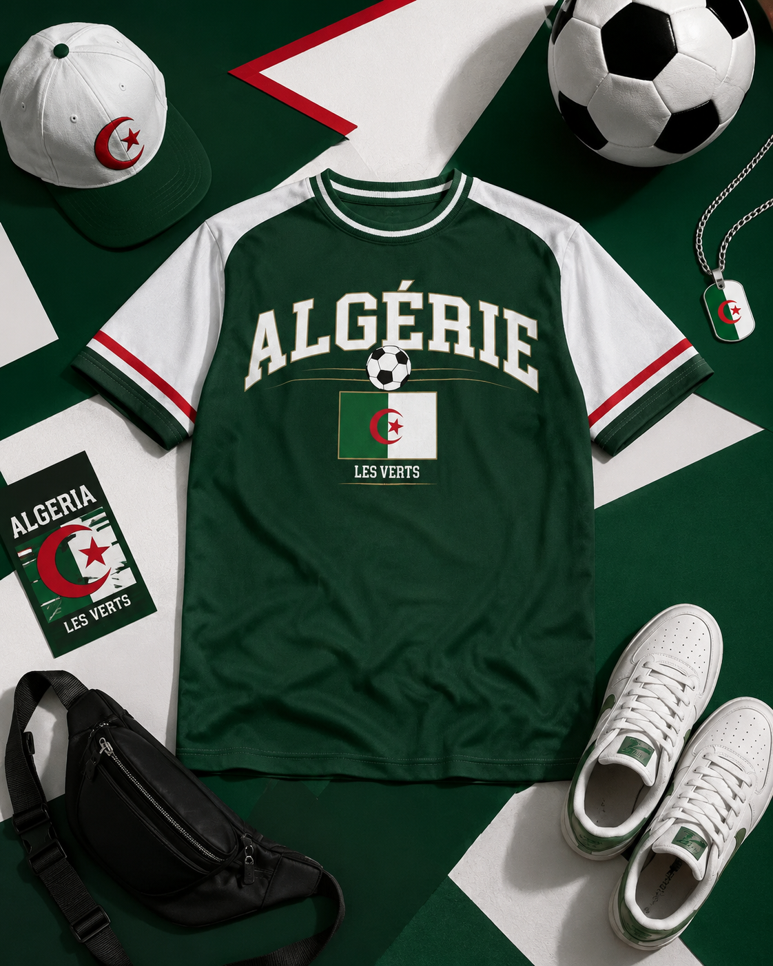 Green 'Algérie' t-shirt with soccer ball and accessories on a green background