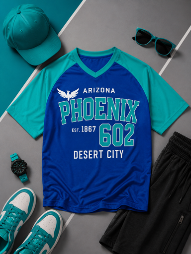 Blue and teal t-shirt with 'Phoenix 602' design on a gray surface with accessories.