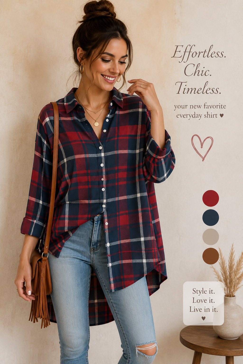 Woman wearing a plaid shirt with text and color swatches on a beige background