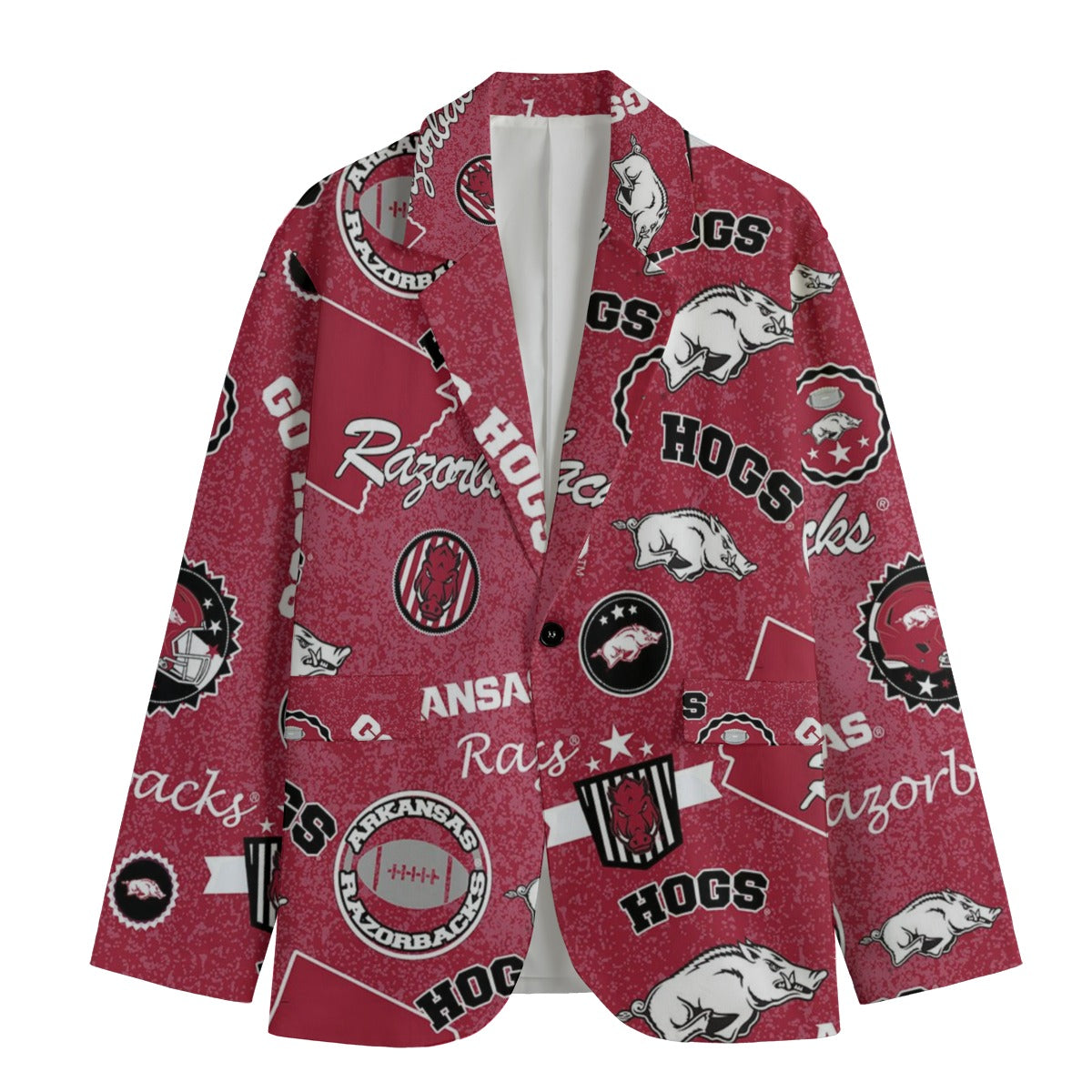 Red blazer with Arkansas Razorbacks logos and text on a white background