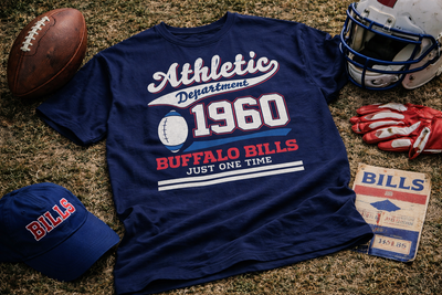 Navy blue t-shirt with 'Athletic Department 1960 Buffalo Bills' text, surrounded by sports equipment on a textured surface.