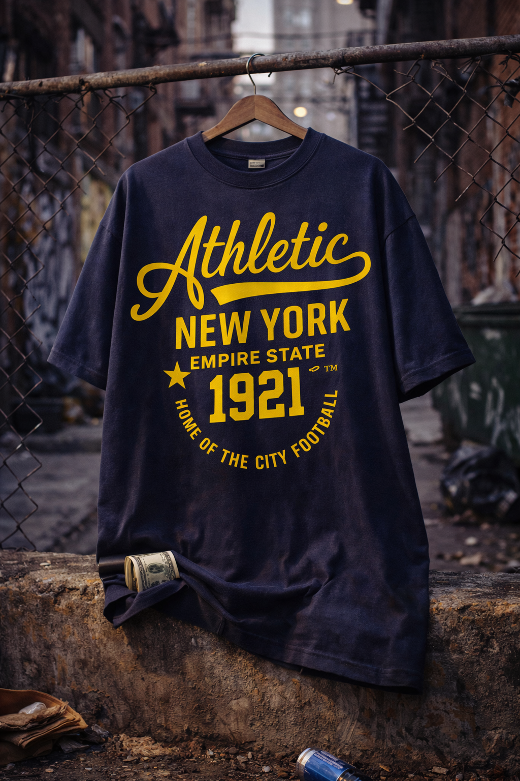 Navy blue t-shirt with yellow text on a hanger against a chain-link fence background.