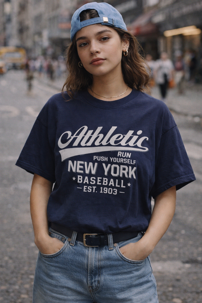 Black Athletic New York Baseball Tee — 'Athletic: Run, Push Yourself' Vintage Sport T-Shirt
