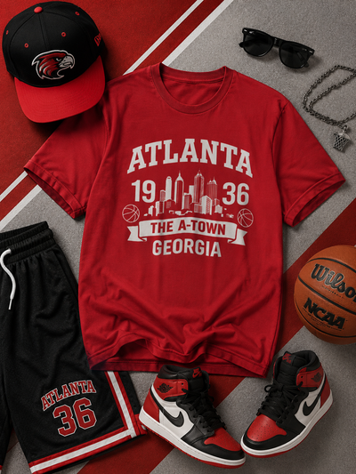 Red t-shirt with 'Atlanta 1936' design, black shorts, red and black sneakers, and basketball on a sports-themed background.