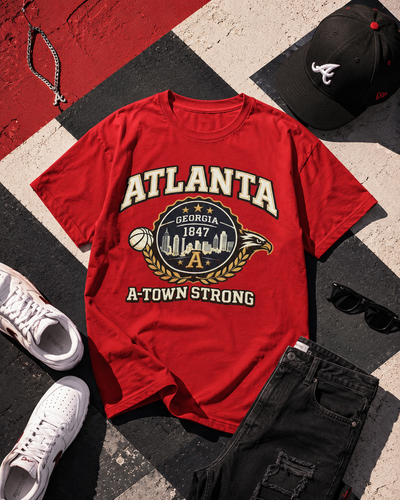 Red t-shirt with 'Atlanta A-Town Strong' design on a checkered floor with sneakers and a cap.