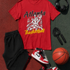 Red t-shirt with 'Atlanta Basketball' design on a basketball court, surrounded by black shorts, red sneakers, jump rope, and basketball.