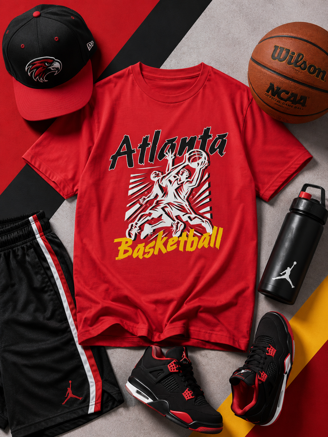 Red t-shirt with 'Atlanta Basketball' graphic, black shorts, black sneakers, Wilson basketball, and black cap on a colorful background.