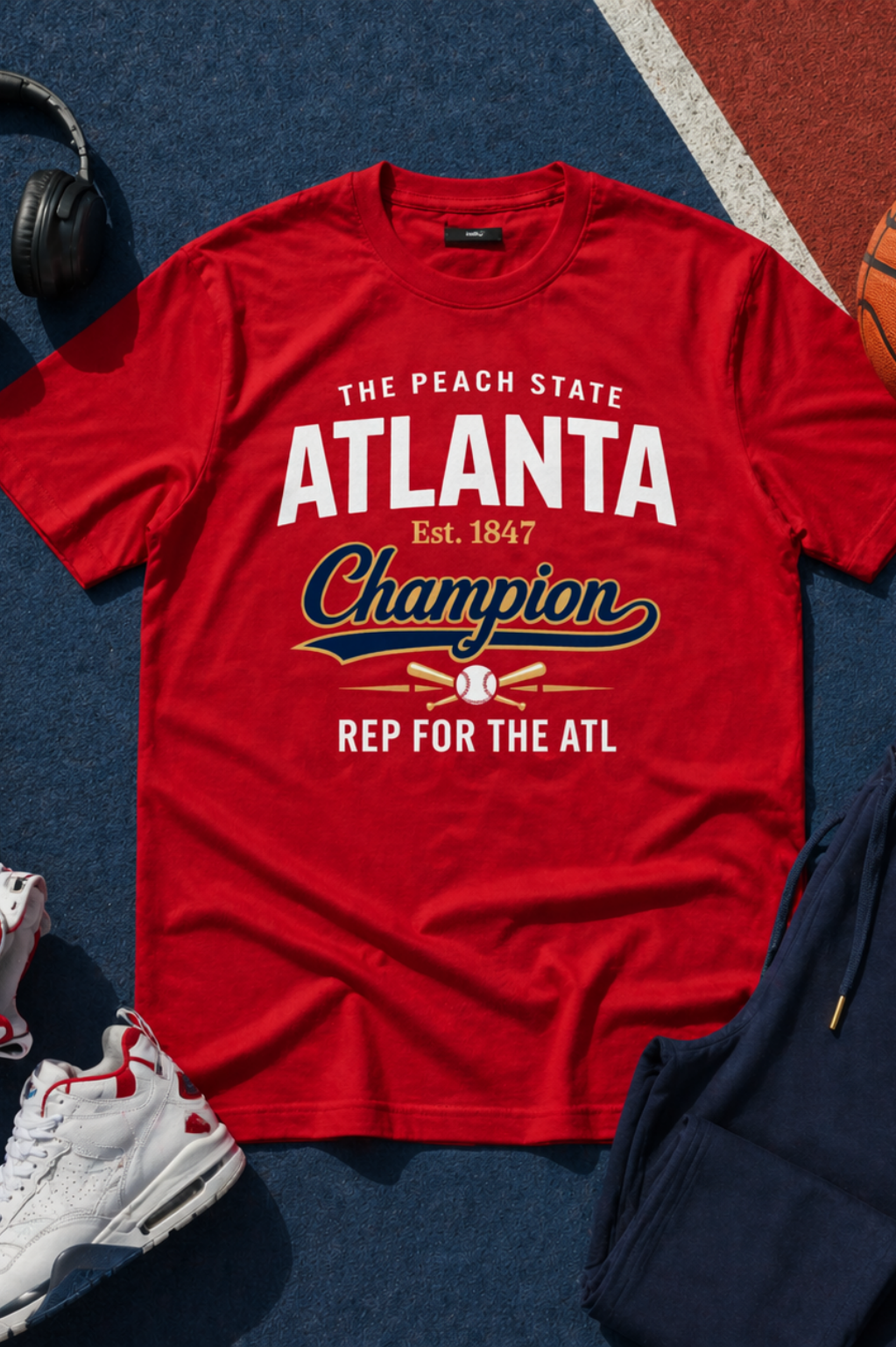 Red t-shirt with 'Atlanta Champion' text on a blue surface with sneakers and a jacket.