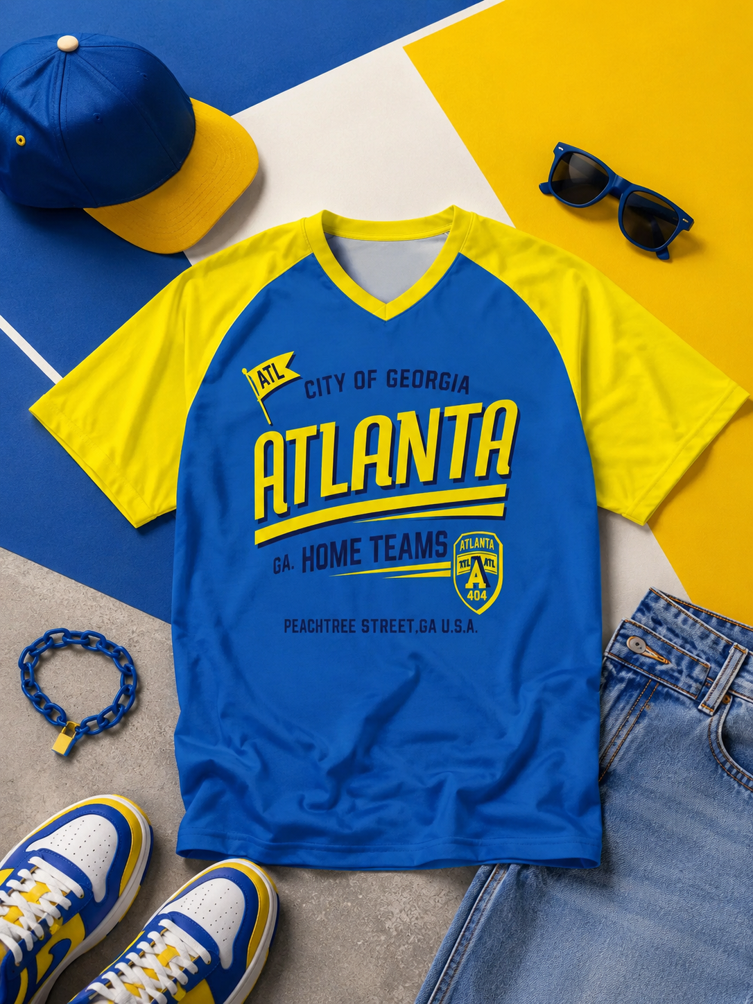 Blue and yellow t-shirt with 'Atlanta' text, surrounded by accessories on a colorful background