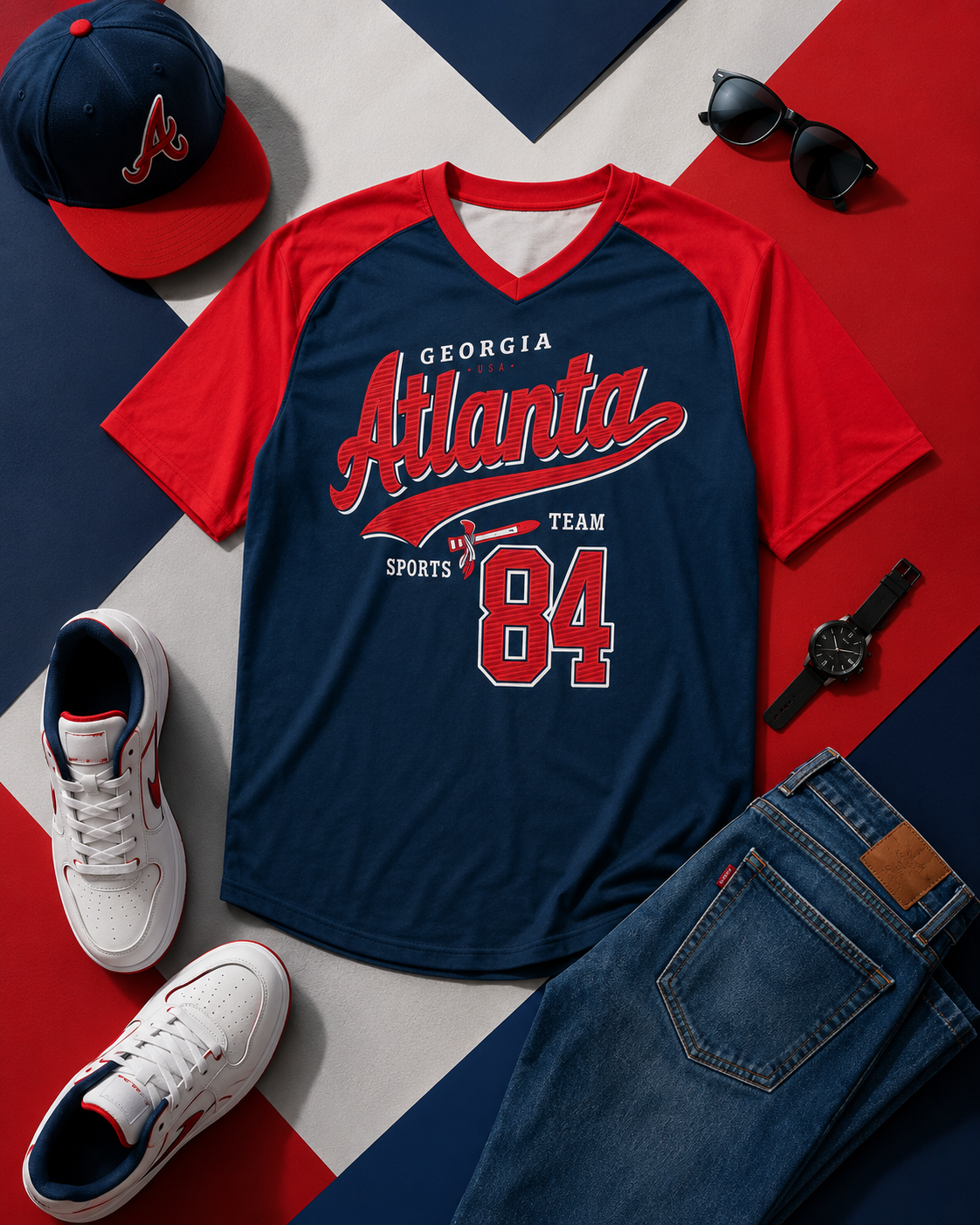 Navy and red sports-themed t-shirt with 'Georgia Atlanta Team Sports 84' text, surrounded by casual clothing and accessories on a colorful background.