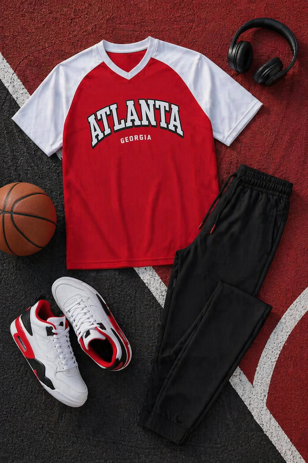 Red and white 'Atlanta Georgia' jersey with black pants, white sneakers, and a basketball on a sports court.