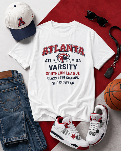 White t-shirt with 'Atlanta Varsity' design, cap, jeans, sneakers, basketball, and sunglasses on a red and gray background.