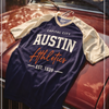 Navy blue t-shirt with 'Austin Athletics' text on a vintage car