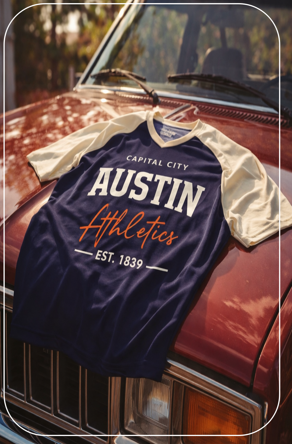 Navy blue t-shirt with 'Austin Athletics' text on a vintage car