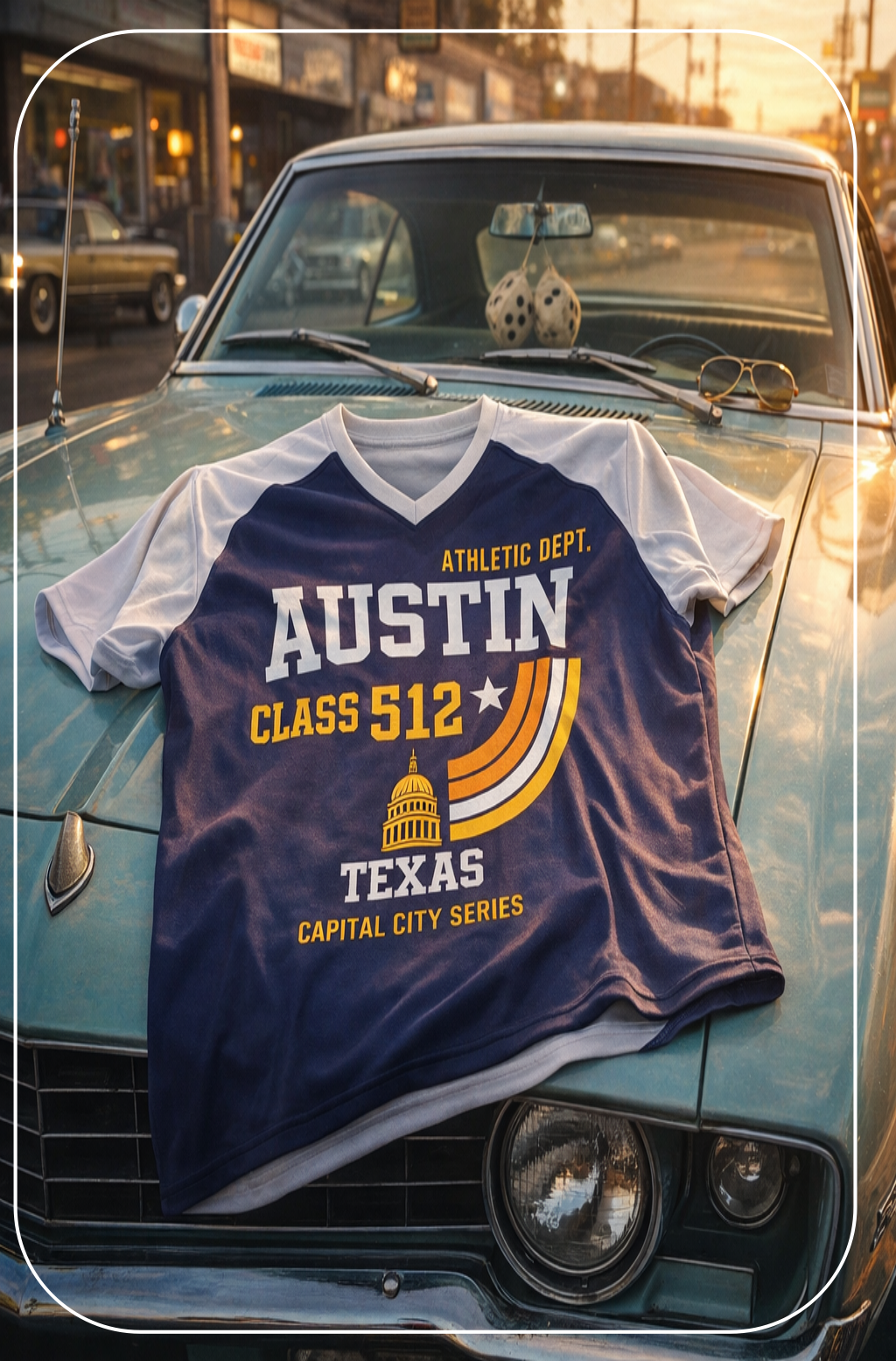 Blue and white sports jersey with 'Austin' text on a vintage car