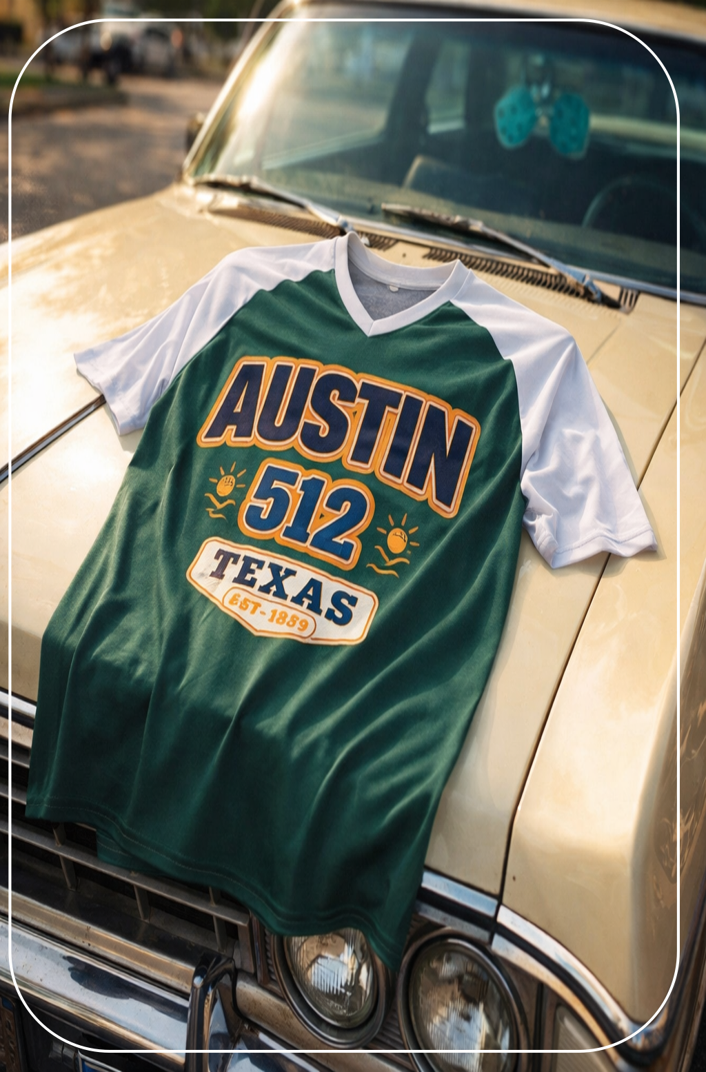 Green and white t-shirt with 'Austin 512 Texas' design on a vintage car.