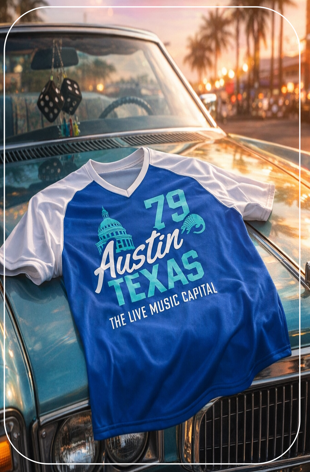 Blue and white t-shirt with '79 Austin Texas The Live Music Capital' text on a classic car.