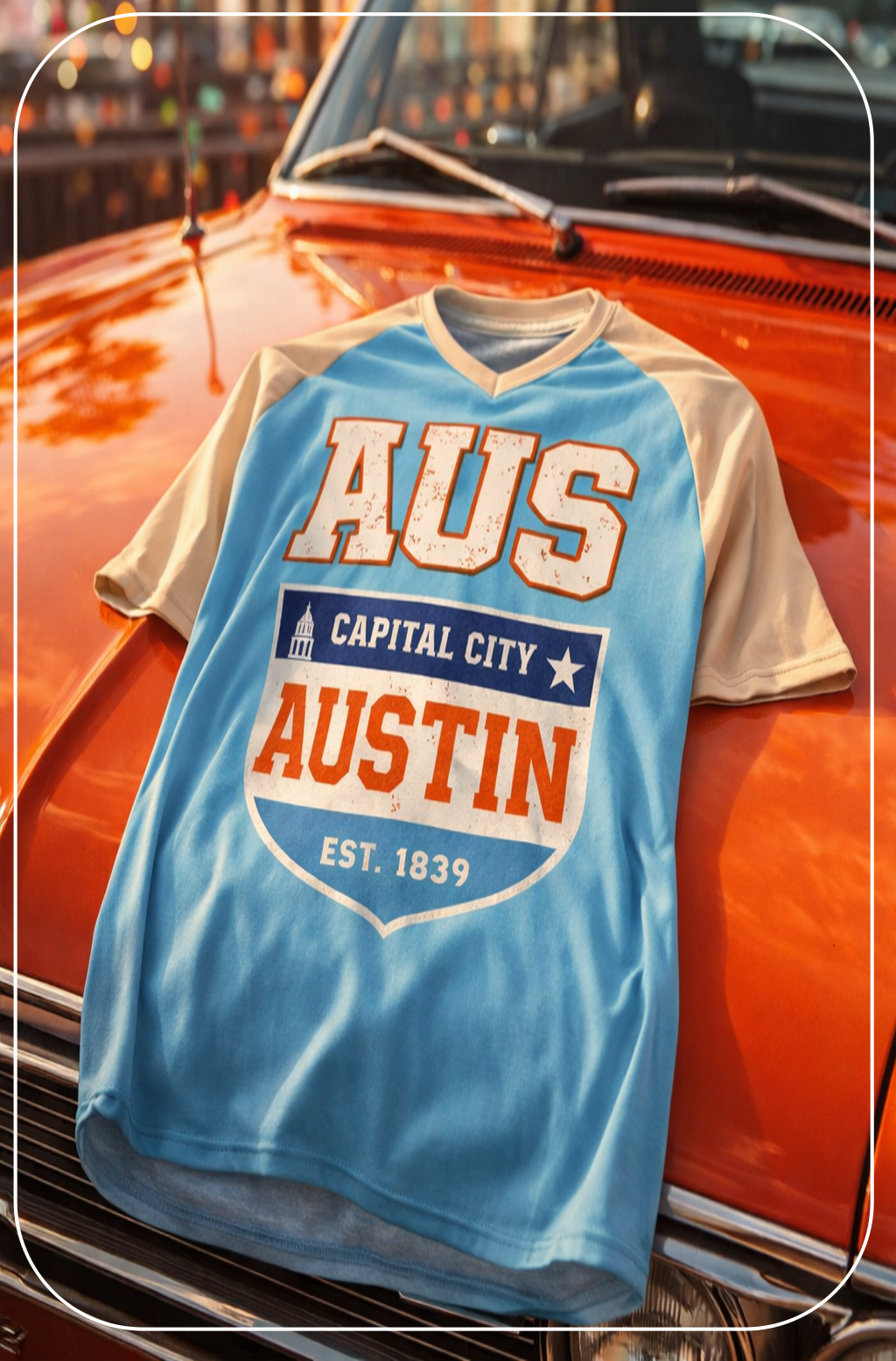 Blue t-shirt with 'AUS Austin' text on a vintage car