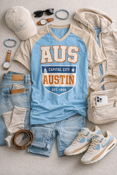 Austin Texas Capital City Varsity T-Shirt – Light Blue Beige and Orange Streetwear Tee vcc