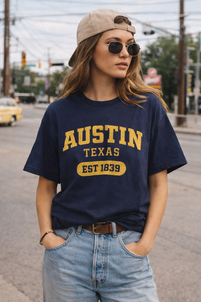 Person wearing a navy blue t-shirt with 'Austin, Texas' text on a street background