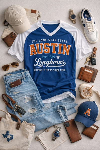 Austin Texas Lone Star Varsity T-Shirt – Navy Blue and White Athletic 
