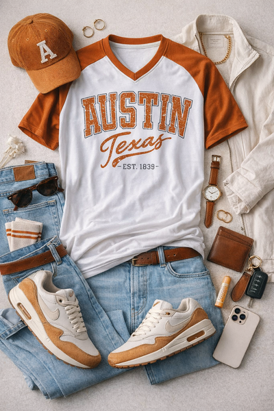 Austin Texas Retro T-Shirt – Classic Varsity Streetwear in White and Burnt Orange tee