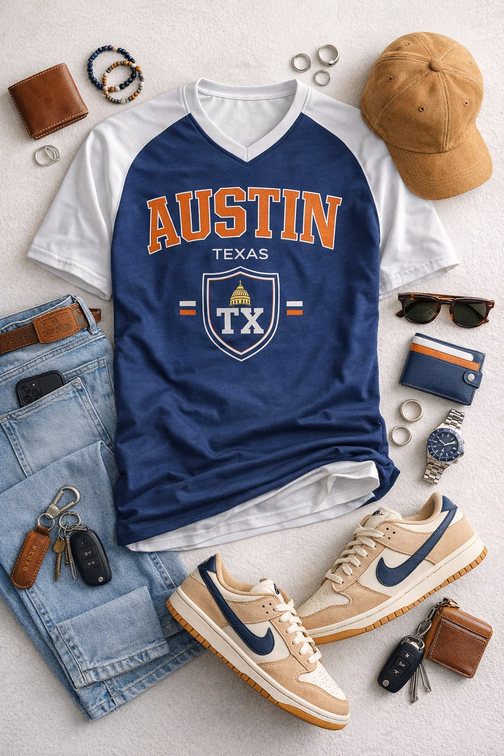 Austin Texas Shield Varsity T-Shirt – Navy Blue and White Athletic Streetwear Tee streetwear fashion product image 2