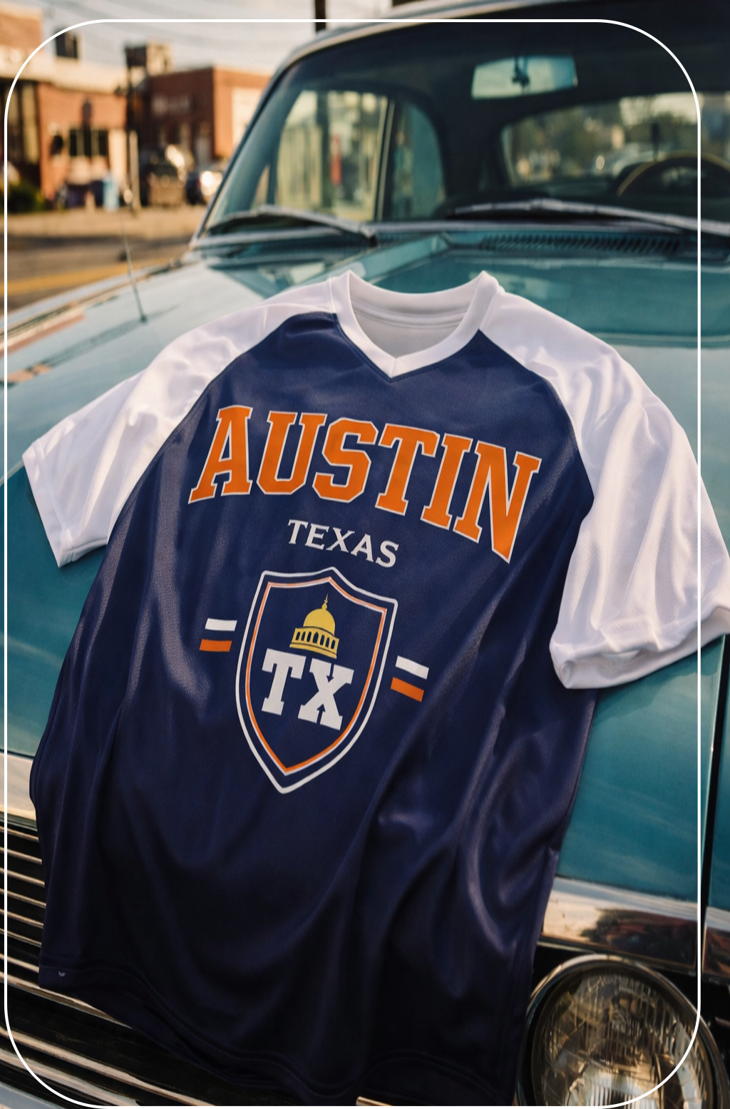 Navy and white baseball jersey with 'Austin, Texas' printed on it, draped over a vintage car.