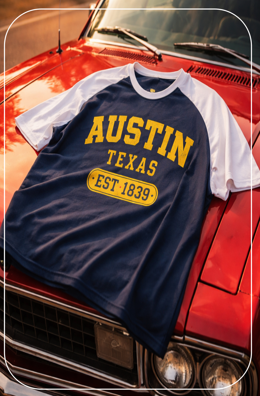 Navy and white t-shirt with 'Austin Texas EST 1839' text on a red classic car.