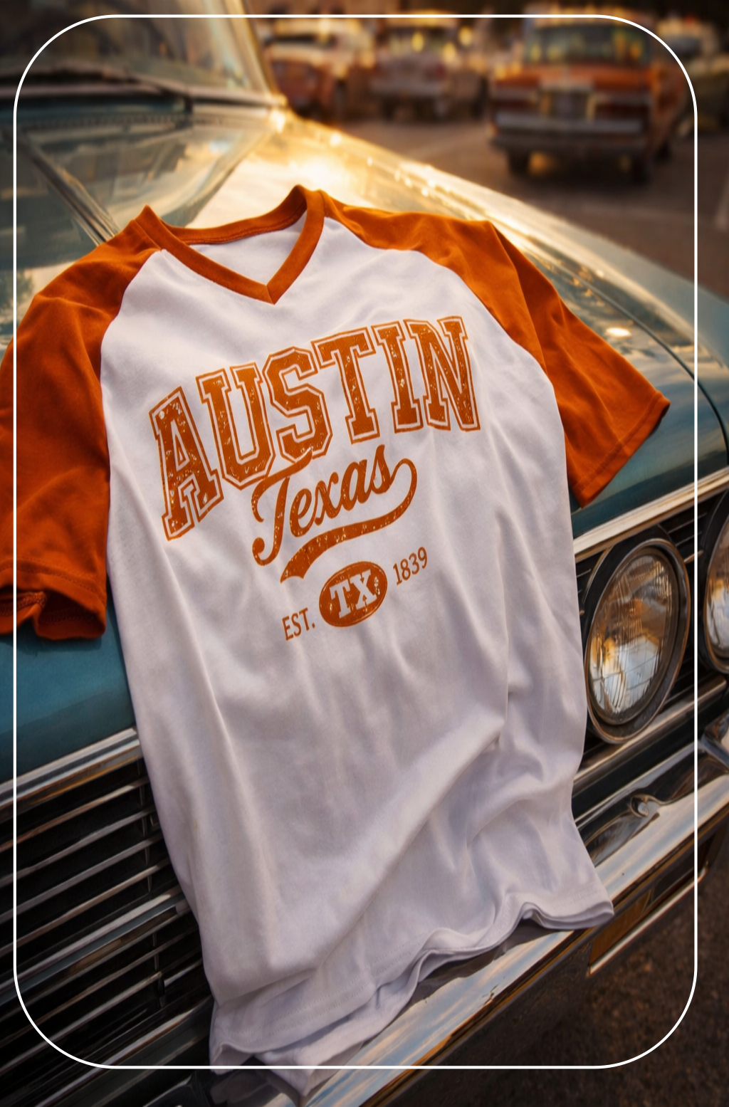 White and orange 'Austin, Texas' t-shirt on a classic car
