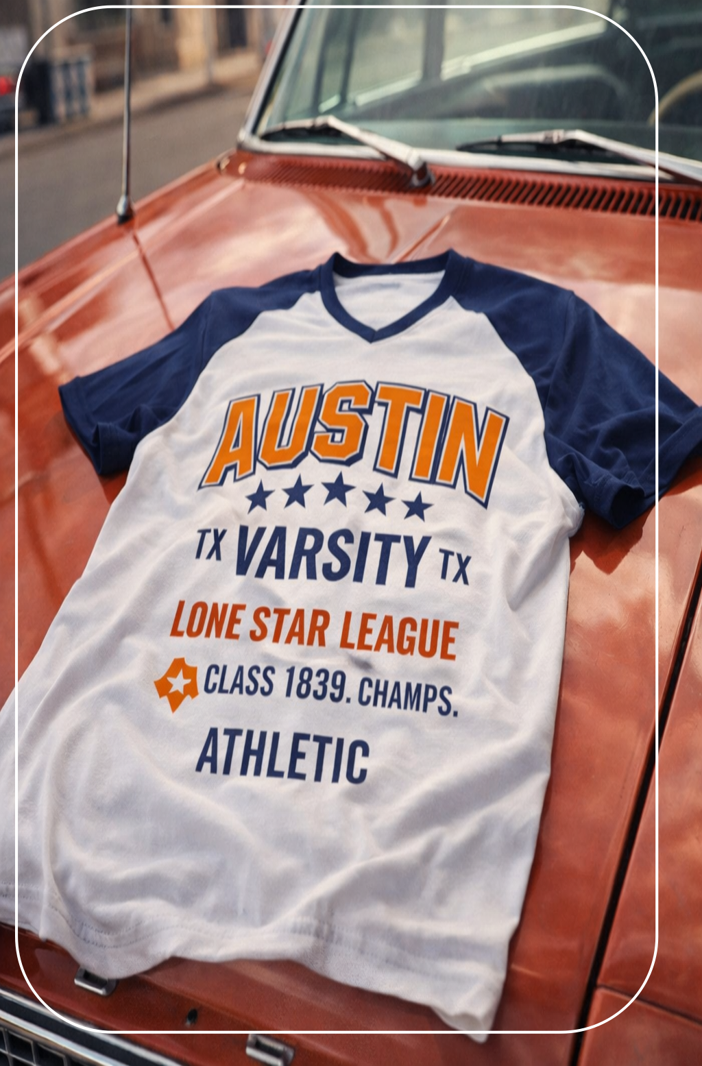 White and navy baseball shirt with text on a vintage car hood