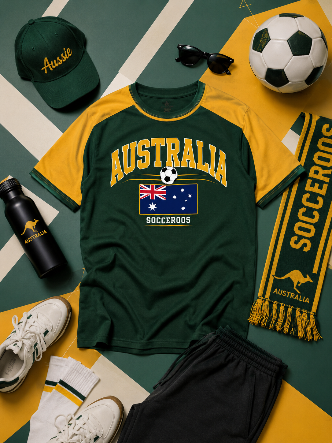 Green 'Australia Socceros' t-shirt with Australian flag, surrounded by soccer ball, hat, scarf, shoes, and water bottle on a green and yellow striped background.