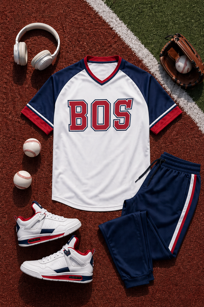 Baseball-themed outfit with 'BOS' jersey, pants, shoes, and baseballs on a baseball field.