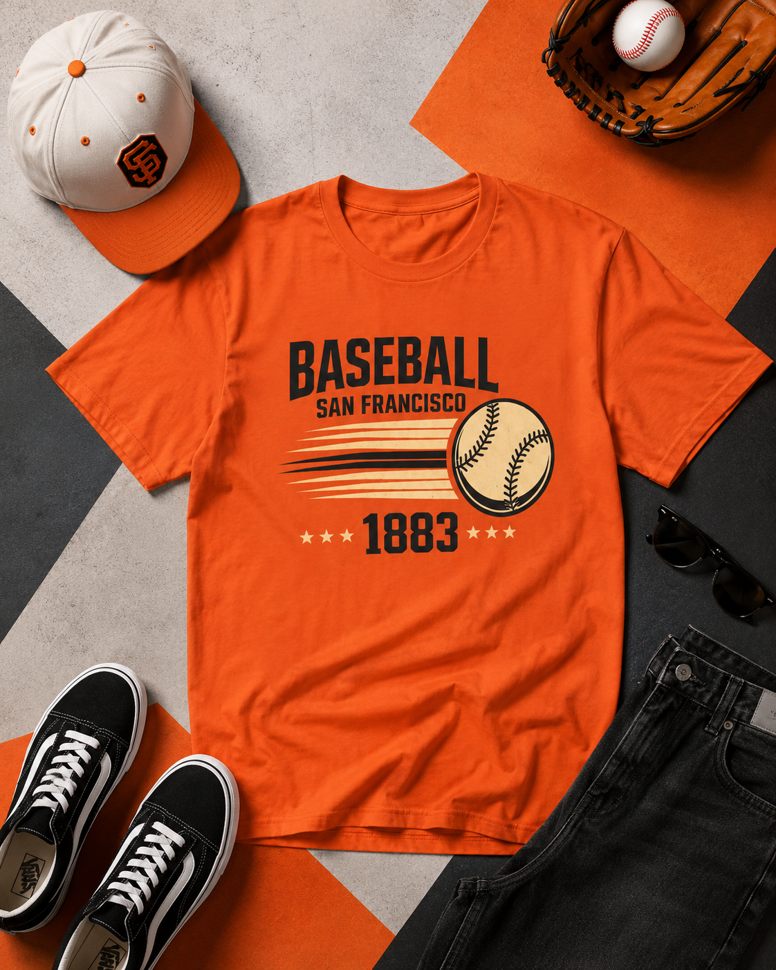 Orange t-shirt with 'Baseball San Francisco 1883' design, surrounded by baseball cap, glove, and shoes on an orange and gray background.