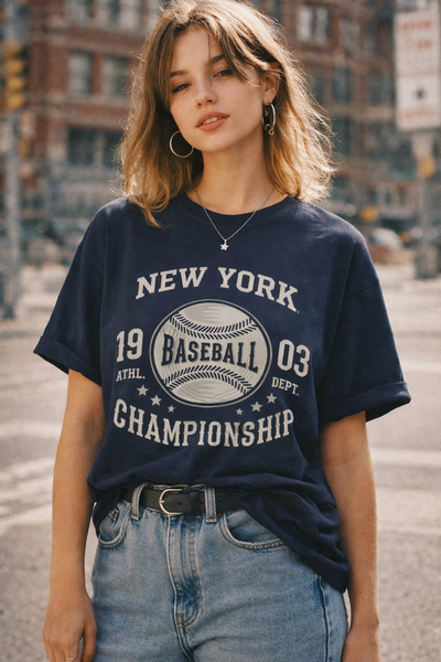 Woman wearing a navy blue t-shirt with 'New York Baseball Championship' text on a city street.