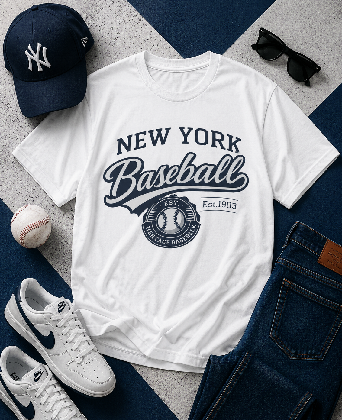 White t-shirt with 'New York Baseball' design, surrounded by a cap, sunglasses, baseball, and sneakers on a checkered background.