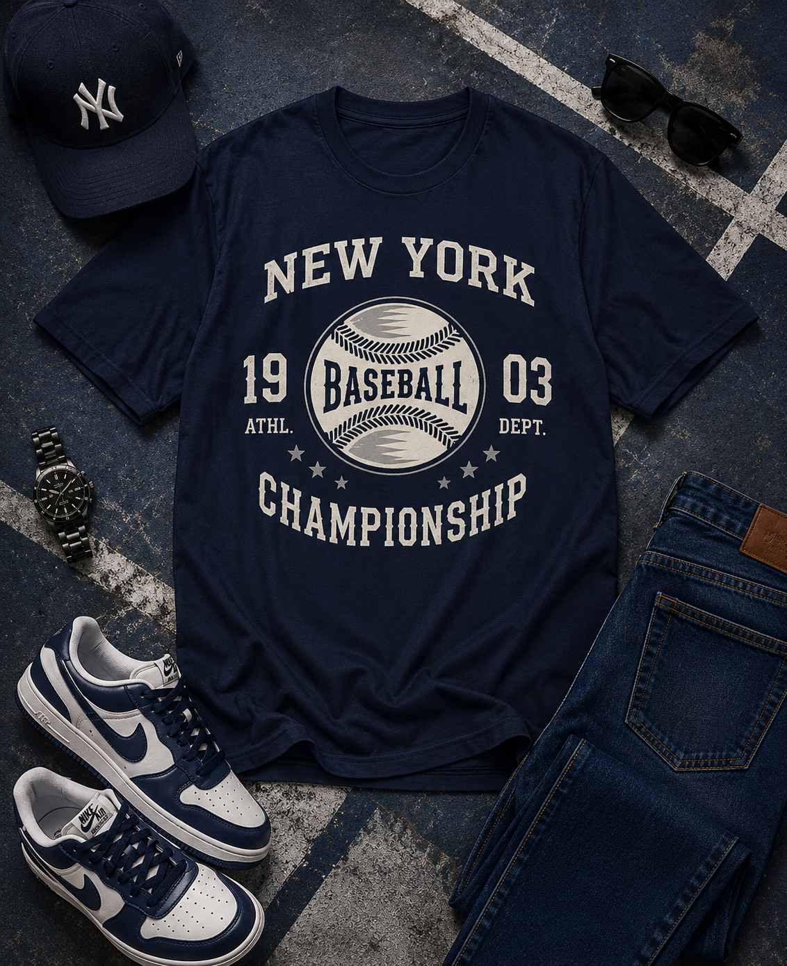 Navy blue t-shirt with 'New York Baseball Championship' design, placed on a textured surface with a cap, sneakers, and sunglasses.