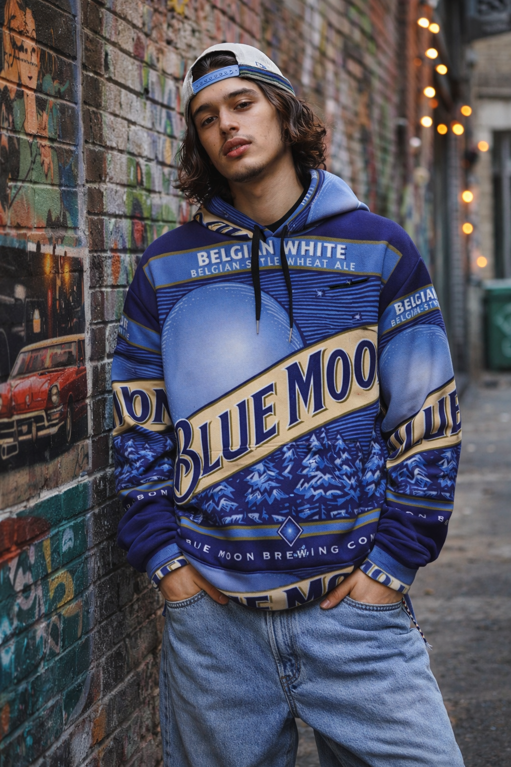 Person wearing a Blue Moon hoodie leaning against a brick wall with street art.