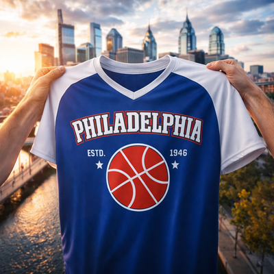 Midnight Blue Blue White and Red Philadelphia Basketball T-Shirt – Varsity Sports Graphic Tee for Fans