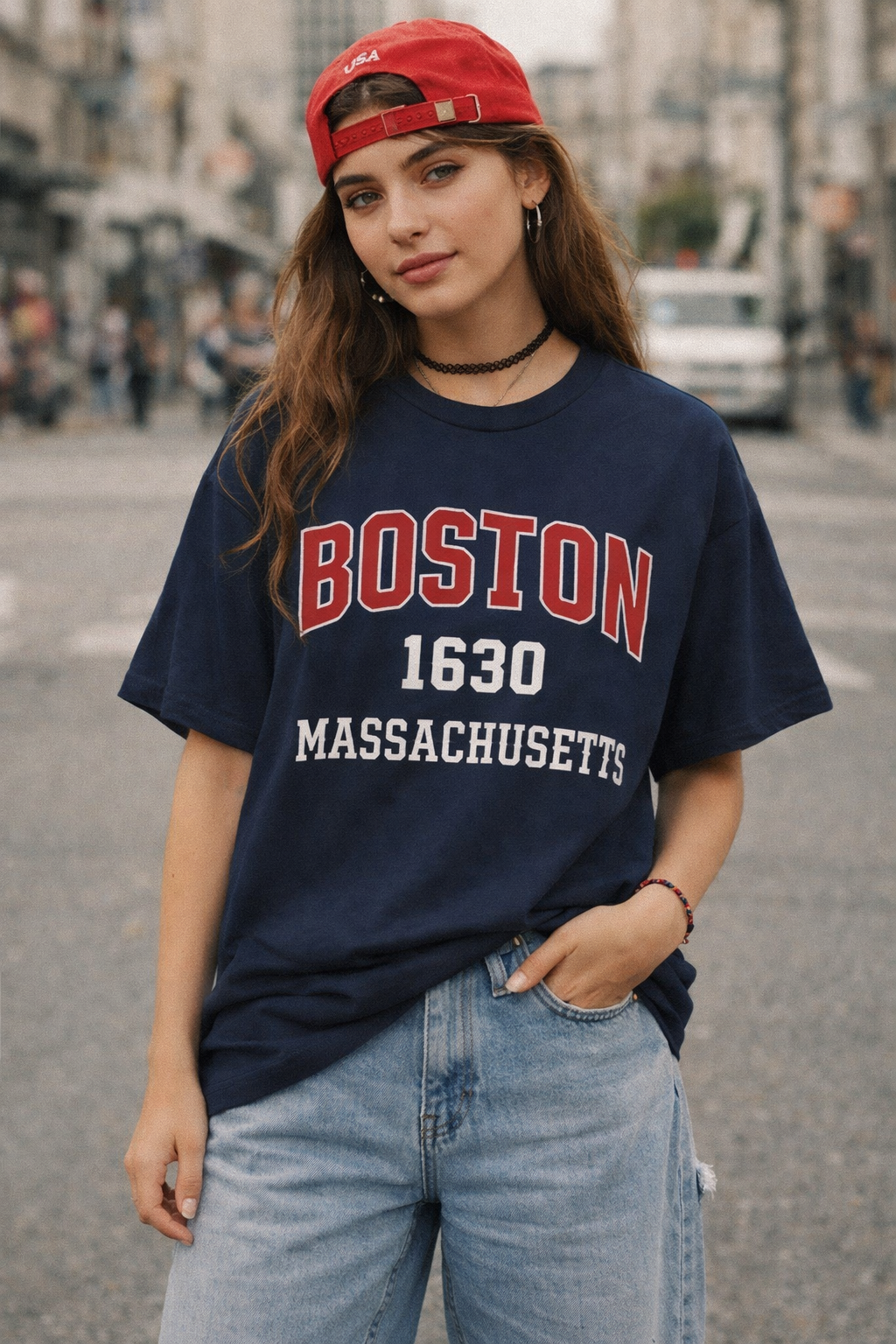 Person wearing a navy blue t-shirt with 'Boston 1630 Massachusetts' text, red cap, and light blue jeans on a city street.