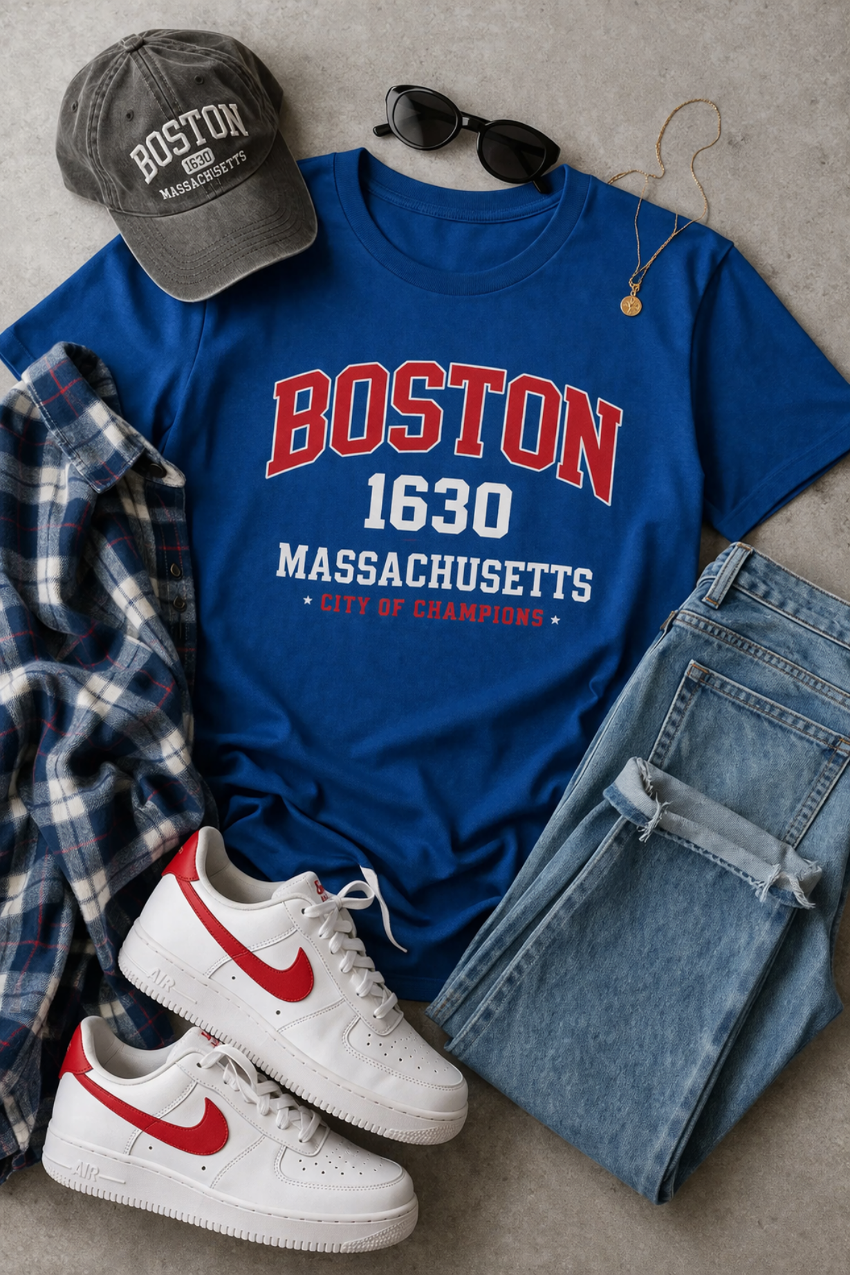 Blue t-shirt with 'Boston 1630 Massachusetts' text, white sneakers with red accents, plaid shirt, jeans, and cap on a gray surface.